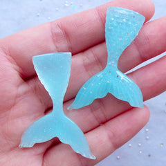 Glitter Mermaid Tail Cabochons | Resin Embellishments | Kawaii Decoden Phone Case (2pcs / Blue / 31mm x 44mm / Flatback)