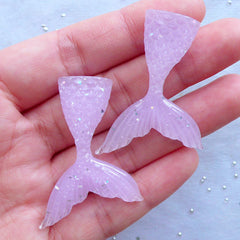 Phone Case Decoden Supplies | Glittery Mermaid Cabochons | Fish Tail Resin Cabochon | Kawaii Embellishments (2pcs / Purple / 31mm x 44mm / Flatback)