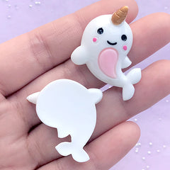 Dolphin Unicorn Cabochons | Kawaii Marine Life Decoden | Fairy Tale Creature Embellishment | Kawaii Jewellery DIY (2 pcs / White / 25mm x 32mm)