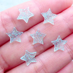 Tiny Mini Star Cabochons with Glitter | Kawaii Embellishments | Small Decoden Pieces | Translucent Resin Cabochon (6pcs / Transparent Clear Blue / 9mm x 8mm / Flatback)