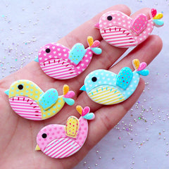 Cute Bird Cabochon Mix / Colorful Patchwork Spring Bird (5pcs / 42mm x 23mm / Flat Back) Kawaii Amimal Decoden Whimsical Scrapbooking CAB353