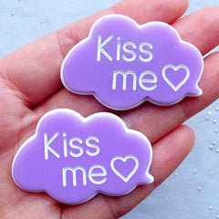 CLEARANCE Kiss Me Speech Bubble Cabochons in Cloud Shape | Decoden Cabochon | Kawaii Scrapbook Embellishments | Valentine's Day Decor (2pcs / Purple / 44mm x 30mm / Flatback)