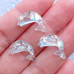 CLEARANCE Small Dolphin Cabochons with Iridescent Mica Flakes | Fish Cabochon | Sea Animal Embellishments | Kawaii Decoden Supplies (3pcs / Blue / 9mm x 17mm / Flatback)