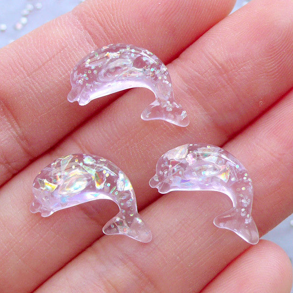 CLEARANCE Glittery Dolphin Cabochons | Resin Animal Cabochon with Iridescent Flakes | Beach Decor | Kawaii Phone Case Deco (3pcs / Light Purple / 9mm x 17mm / Flatback)