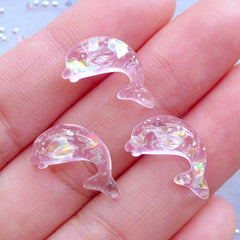 Dolphin Decoden Cabochons with Mica Flakes | Iridescent Resin Cabochon | Kawaii Craft Supplies (3pcs / Light Pink / 9mm x 17mm / Flatback)