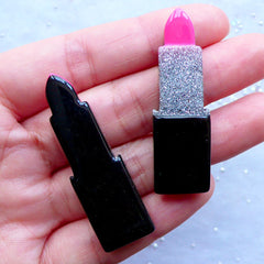 Glittery Lipstick Cabochons | Makeup Embellishments | Beauty Cabochon | Cosmetic Phone Case Decoden | Kitsch Jewelry Supplies (2pcs / Pink / 14mm x 46mm / Flatback)