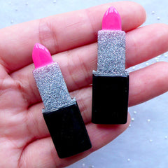 Glittery Lipstick Cabochons | Makeup Embellishments | Beauty Cabochon | Cosmetic Phone Case Decoden | Kitsch Jewelry Supplies (2pcs / Pink / 14mm x 46mm / Flatback)