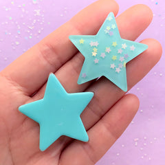 Star Cabochons Mix w/ Star Confetti Sequin Glitter Sprinkles (6pcs / 37mm x 37mm / Assorted Colors / Flat Back) Kawaii Decora Decoden CAB433