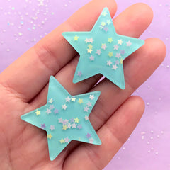 CLEARANCE Kawaii Star Cabochons w/ Star Sequin Glitter Sprinkles Confetti (2pcs / 37mm x 37mm / Blue / Flat Back) Cute Decoration Scrapbooking CAB432
