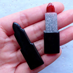 Red Lipstick Cabochons with Glitter | Cosmetic Embellishments | Makeup Decoden Cabochon | Kitsch Jewellery Making | Cell Phone Deco (2pcs / Red / 14mm x 46mm / Flatback)