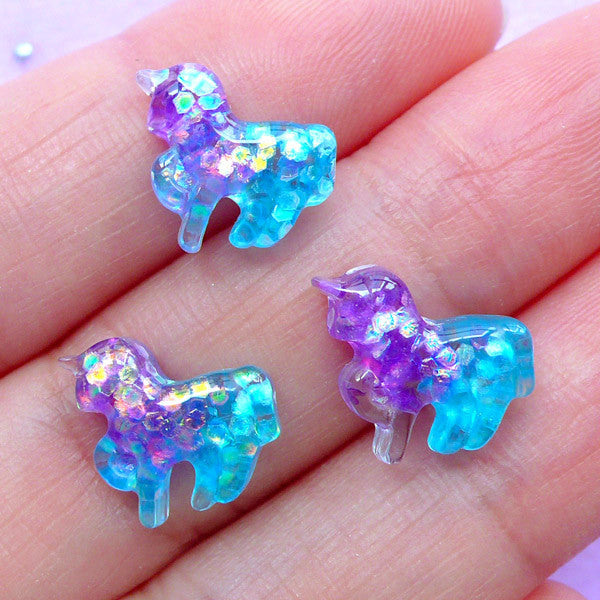 Mini Unicorn Cabochon in Galaxy Gradient | Glittery Resin Cabochons | Decoden Phone Case | Kawaii Craft Supplies (3pcs / Purple Aqua Blue / 11mm x 11mm / Flat Back)