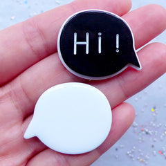 Hi Speech Bubble Cabochon | Greeting Message Embellishments | Decoden Supplies | Kawaii Cell Phone Decoration (2 pcs / Black / 32mm x 26mm / Flatback)