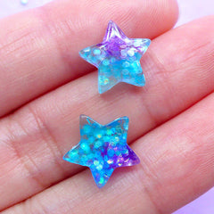 Galaxy Star Cabochons with Glitter | Tiny Decoden Cabochon | Kawaii Phone Case Decoration | Cute Jewelry Supplies (3pcs / Purple Aqua Blue / 12mm x 11mm / Flat Back)