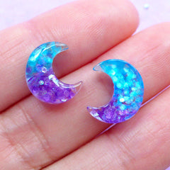 Galaxy Moon Cabochons | Tiny Mini Resin Cabochon | Kawaii Decoden | Magical Girl Jewellery Making | Glittery Embellishments (3pcs / Purple Aqua Blue / 10mm x 12mm / Flat Back)