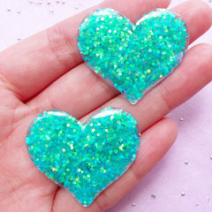 Heart Resin Cabochons with AB Confetti | Decoden Cabochon Supplies (Teal Blue Green / 2pcs / 36mm x 31mm)