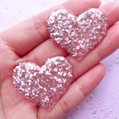 Heart Cabochons with Confetti | Kawaii Phone Case Supplies (Pink / 2pcs / 36mm x 31mm)