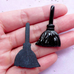 Witch Broom Cabochons | Kawaii Goth Jewelry Making | Sweet Gothic Decoden Supplies (Black / 2 pcs / 22mm x 38mm)