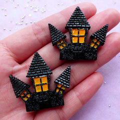 Haunted House Cabochons | Halloween Ghost Mansion | Sweet Gothic Jewelry DIY | Kawaii Goth Decoden Supplies (Black / 2 pcs / 35mm x 32mm)