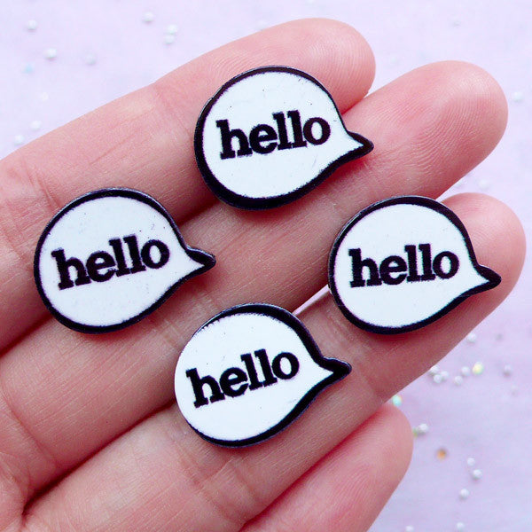 Speech Bubble Acrylic Hello Cabochons | Harajuku Kei Decoden | Scrapbooking Supplies (4pcs / 18mm x 14mm)