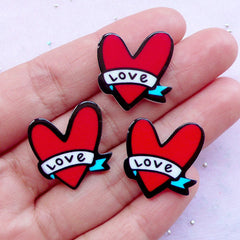 CLEARANCE Heart with Love Cabochons | Flat Back Acrylic Cabochon | Wedding Embellishments | Valentine's Day Decor (3pcs / 20mm x 22mm)