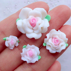 Fimo Flower Cabochon | Polymer Clay Decoden Pieces | Shabby Chic Scrapbooking | Floral Phone Case Deco | Spring Embellishments (4pcs / White / 9mm, 13mm, 16mm & 21mm)