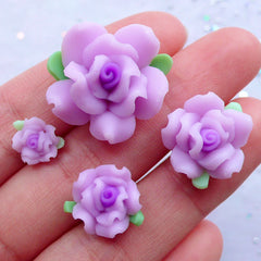Purple Flower Cabochons | Floral Decoden Pieces | Fimo Rose Cabochon | Polymer Clay Jewellery Making | Scrapbook Supplies (4pcs / 9mm, 13mm, 16mm & 21mm)