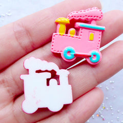 CLEARANCE Steam Locomotive Train Cabochon | Kawaii Resin Cabochons | Decoden Pieces | Baby Shower Decor | Kid Toy Cabochon | Flat Back Embellishments (2 pcs / Pink & Red / 23mm x 25mm)