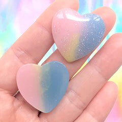 Glittery Heart Cabochon in Rainbow Gradient Color | Shimmer Pastel Galaxy Heart Cabochon with Glitter | Kawaii Decoden Supplies | Fairy Kei Phone Case Decoration (2pcs / Pink Yellow Green Blue / 28mm x 27mm / Flat Back)