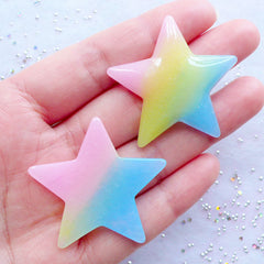 Glittery Star Cabochon in Pastel Gradient Color | Shimmer Rainbow Galaxy Star Cabochon with Glitter | Kawaii Fairy Kei Supplies | Decoden Phone Case (2pcs / Pink Yellow Green Blue / 40mm x 38mm / Flat Back)