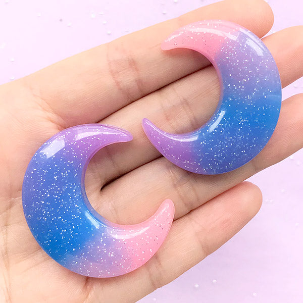 Galaxy Moon Cabochons with Glitter | Mahou Kei Cabochons | Shimmer Rainbow Gradient Moon Cabochon | Glittery Pastel Decoden Phone Case | Kawaii Fairy Kei Cabochons (2pcs / Pink Blue Purple / 33mm x 39mm / Flat Back)