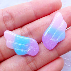 Pastel Galaxy Angel Wing Cabochons with Shimmer Glitter | Rainbow Gradient Decoden Cabochon | Glittery Fairy Kei Cabochon | Kawaii Jewelley Making (2pcs / Pink Blue Purple / 13mm x 24mm / Flat Back)