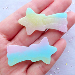 Rainbow Gradient Shooting Star Cabochons with Glitter | Galaxy Shimmer Decoden Cabochon | Glittery Pastel Kei Cabochon | Kawaii Craft Supplies (2pcs / Pink Yellow Blue / 25mm x 44mm / Flat Back)