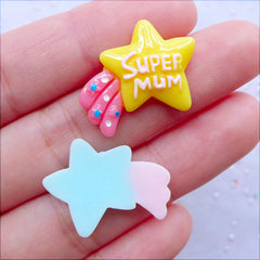 CLEARANCE Super Mum Shooting Star Cabochons | Kawaii Resin Pieces | Pastel Kei Decoden Cabochon | Mother's Day Decoration | Scrapbook Embellishments | Card Making (6 pcs / Colorful Mix / 23mm x 18mm / Flat Back)