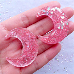 Shimmer Moon Cabochons with Star Confetti | Crescent Moon Cabochon with Glitter | Glittery Decoden Cabochon | Kawaii Embellishment | Phone Case Decoration (2 pcs / Pink / 33mm x 39mm / Flat Back)