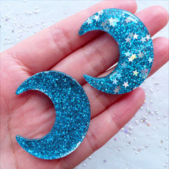 CLEARANCE Crescent Moon Cabochons with Star Confetti | Glittery Moon Cabochon with Shimmer Glitter | Kawaii Cabochons | Bling Bling Embellishment | Decoden Phone Case (2 pcs / Blue / 33mm x 39mm / Flat Back)
