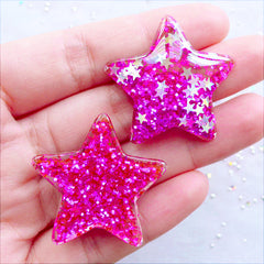 Glittery Star Cabochons with Star Glitter | Star Flatback with Confetti | Shimmer Resin Pieces | Bling Bling Embellishment | Kawaii Decoden Crafts | Phone Case Decoration (2 pcs / Magenta Purple / 33mm x 31mm / Flat Back)