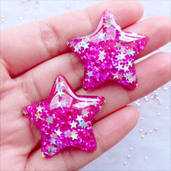 Glittery Star Cabochons with Star Glitter | Star Flatback with Confetti | Shimmer Resin Pieces | Bling Bling Embellishment | Kawaii Decoden Crafts | Phone Case Decoration (2 pcs / Magenta Purple / 33mm x 31mm / Flat Back)