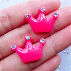 Crown Cabochons with Clear Rhinestones | Bling Bling Resin Flatback | Kawaii Phone Case Decoration | Princess Hair Bow Center | Decoden Pieces | Scrapbook Supplies (2 pcs / Dark Pink / 23mm x 17mm)