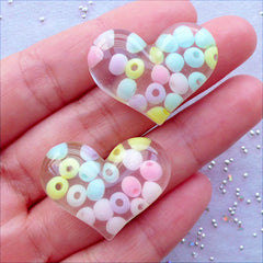 DEFECT Transparent Heart Cabochons with Pastel Acrylic Beads | Bubble Confetti Sprinkle Hearts | Kawaii Cabochon Supplies | Decoden Crafts | Phone Case Deco (2 pcs / Clear / 29mm x 21mm / Flat Back)
