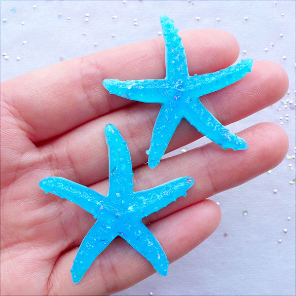 Kawaii Sea Star Cabochons with Holographic Confetti | Starfish Cabochon | Decoden Supplies | Mermaid Party Decoration | Resin Pieces | Hair Bow Centers | Home Decor (2 pcs / Blue / 40mm x 40mm / Flat Back)
