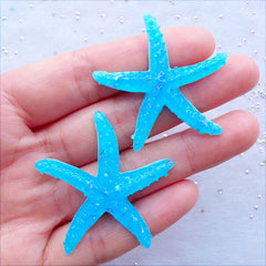 Kawaii Sea Star Cabochons with Holographic Confetti | Starfish Cabochon | Decoden Supplies | Mermaid Party Decoration | Resin Pieces | Hair Bow Centers | Home Decor (2 pcs / Blue / 40mm x 40mm / Flat Back)