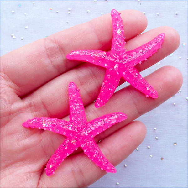 Resin Sea Star Cabochons with Iridescent Confetti | Starfish Cabochon with Mica Flakes | Kawaii Cabochon Supplies | Decoden Crafts | Mermaid Decor | Table Decoration (2 pcs / Dark Pink / 40mm x 40mm / Flat Back)