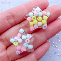 Pastel Kei Star Cabochons with Acrylic Beads | Kawaii Bubble Star Flatback | Resin Decoden Cabochons | Kawaii Jewelry DIY | Fairy Kei Supplies (2 pcs / Transparent Clear / 24mm x 23mm / Flat Back)