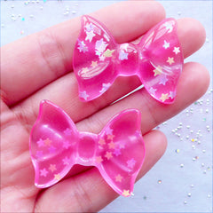CLEARANCE Star Confetti Bow Cabochons | Clear Bow Flatback | Kawaii Cabochons | Resin Pieces | Decoden Phone Case | Cute Jewellery DIY (2 pcs / Transparent Dark Pink / 36mm x 27mm / Flat Back)