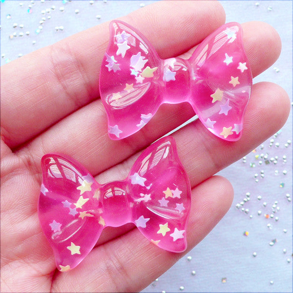 CLEARANCE Star Confetti Bow Cabochons | Clear Bow Flatback | Kawaii Cabochons | Resin Pieces | Decoden Phone Case | Cute Jewellery DIY (2 pcs / Transparent Dark Pink / 36mm x 27mm / Flat Back)