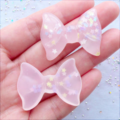 Pastel Kei Bow Cabochons with Star Confetti | Translucent Bow Flatback | Resin Cabochons | Decoden Pieces | Kawaii Phone Case | Cute Jewelry Making (2 pcs / Clear Light Pink / 36mm x 27mm / Flat Back)