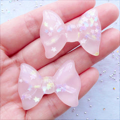 Pastel Kei Bow Cabochons with Star Confetti | Translucent Bow Flatback | Resin Cabochons | Decoden Pieces | Kawaii Phone Case | Cute Jewelry Making (2 pcs / Clear Light Pink / 36mm x 27mm / Flat Back)