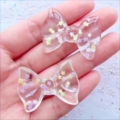 Confetti Bow Cabochons | Transparent Bow Flatback witn Star Sprinkles | Kawaii Resin Bows | Decoden Supplies | Cell Phone Case Deco | Fairy Kei Jewelry DIY (2 pcs / Clear / 36mm x 27mm / Flat Back)