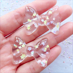 Confetti Bow Cabochons | Transparent Bow Flatback witn Star Sprinkles | Kawaii Resin Bows | Decoden Supplies | Cell Phone Case Deco | Fairy Kei Jewelry DIY (2 pcs / Clear / 36mm x 27mm / Flat Back)