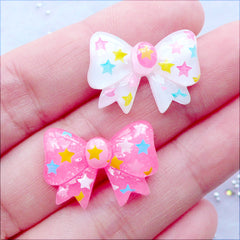 Star Ribbon Cabochons | Kawaii Decora Kei Jewellery DIY | Hairbow Centers | Resin Decoden Pieces | Phone Case Decoration | Planner Paper Clips Making (2 pcs / Pink & White / 21mm x 15mm / Flat Back)